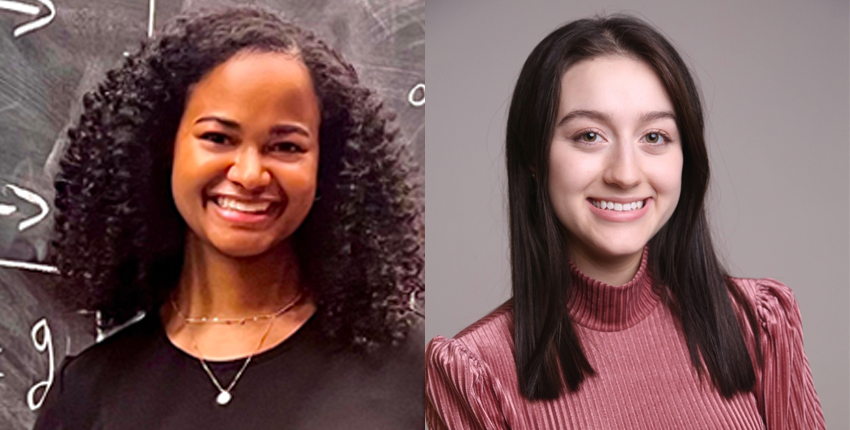 Left: Kyla Gabriel, standing in a black t-shirt and a bright necklace with her fingers interlaced, smiles in front of a chalkboard filled with equations. Right: Sofía Rojas smiles with arms crossed in a salmon-colored pleated turtleneck in front of a warm gray vignette background.