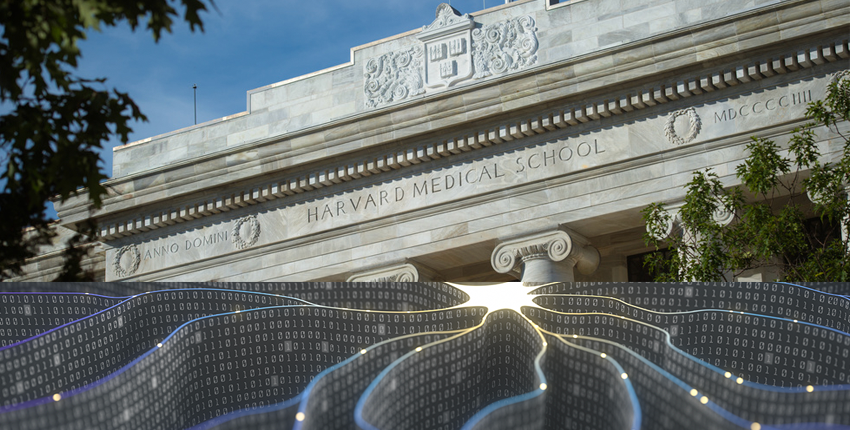 Top of Gordon Hall on Harvard Medical School campus combined with abstract artificial intelligence image