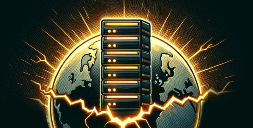 Conceptual illustration of data storage hardware on the earth with bolts of electricity