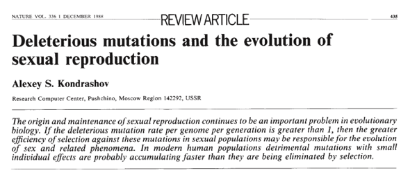 Deleterious mutations and the evolution of sexual reproduction, by Alex Kondrashov, 1988