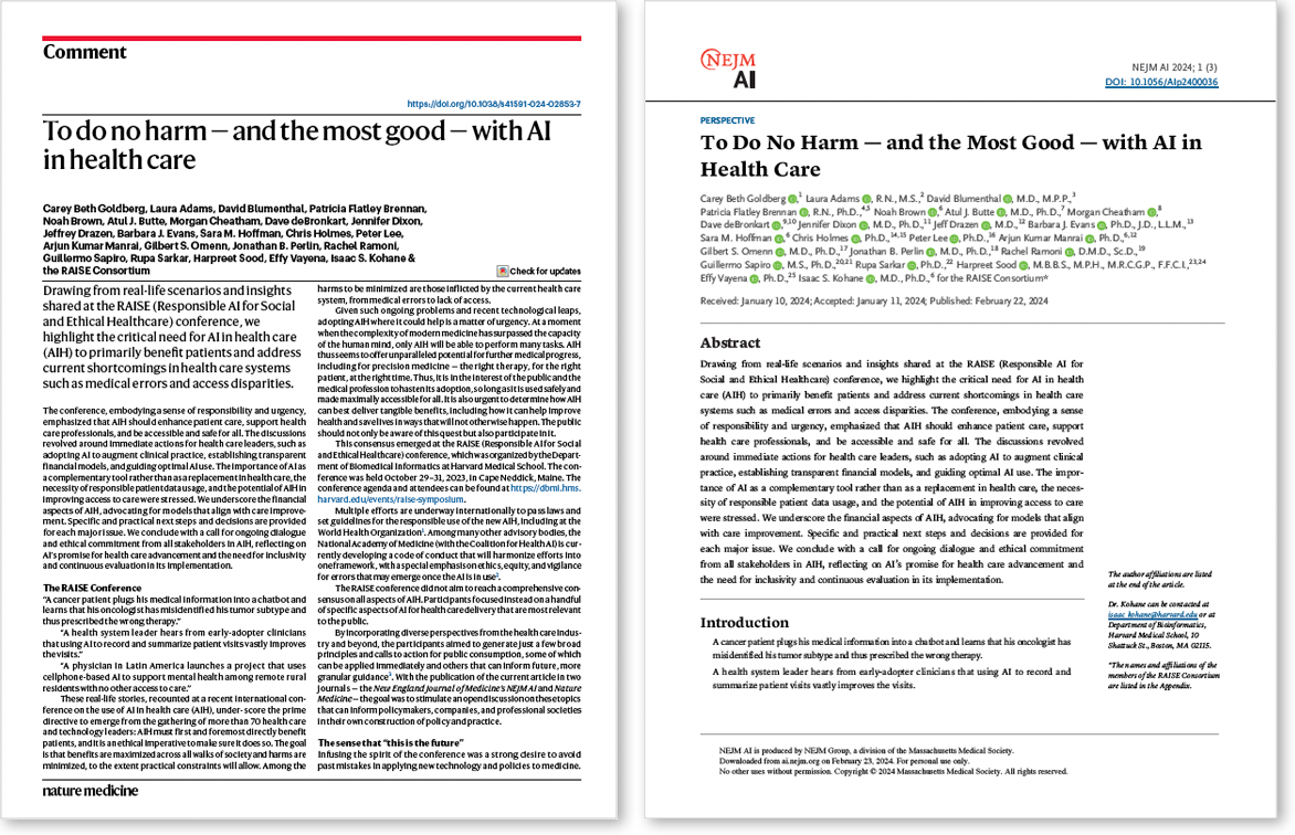 Screenshots of RAISE article in Nature Medicine and NEJM AI