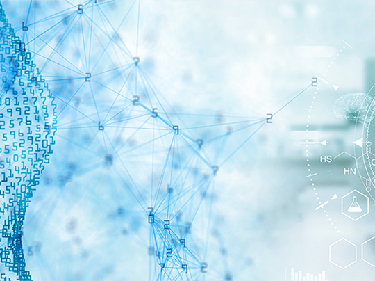 abstract digital network with binary code, data connections, and scientific symbols in a blue background