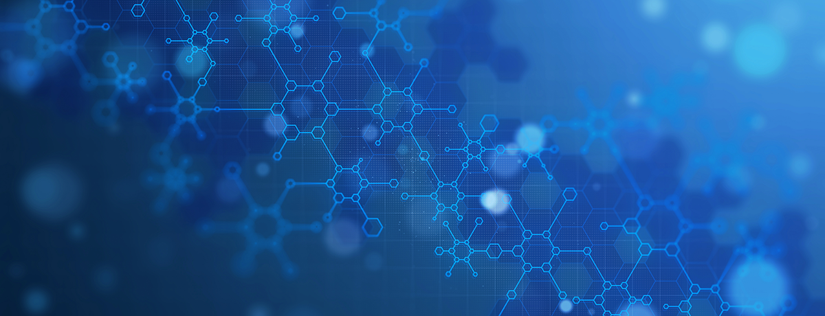 The image features a blue background with a pattern of interconnected hexagonal shapes and molecular structures, creating an abstract and scientific appearance. The hexagons are outlined in a bright blue, giving the illusion of a network or lattice. Soft, blurred circular highlights are scattered throughout the image, adding depth and a sense of digital or technological environment. This visual conveys themes of science, technology, and connectivity.