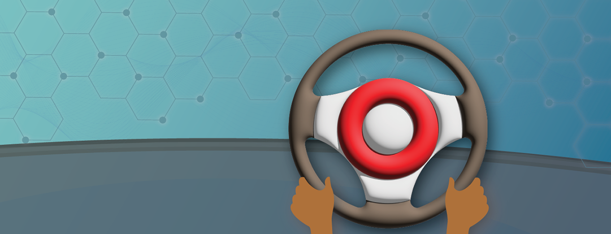 Concept illustration using logo bullseye as steering wheel being driven by hands representing a patient