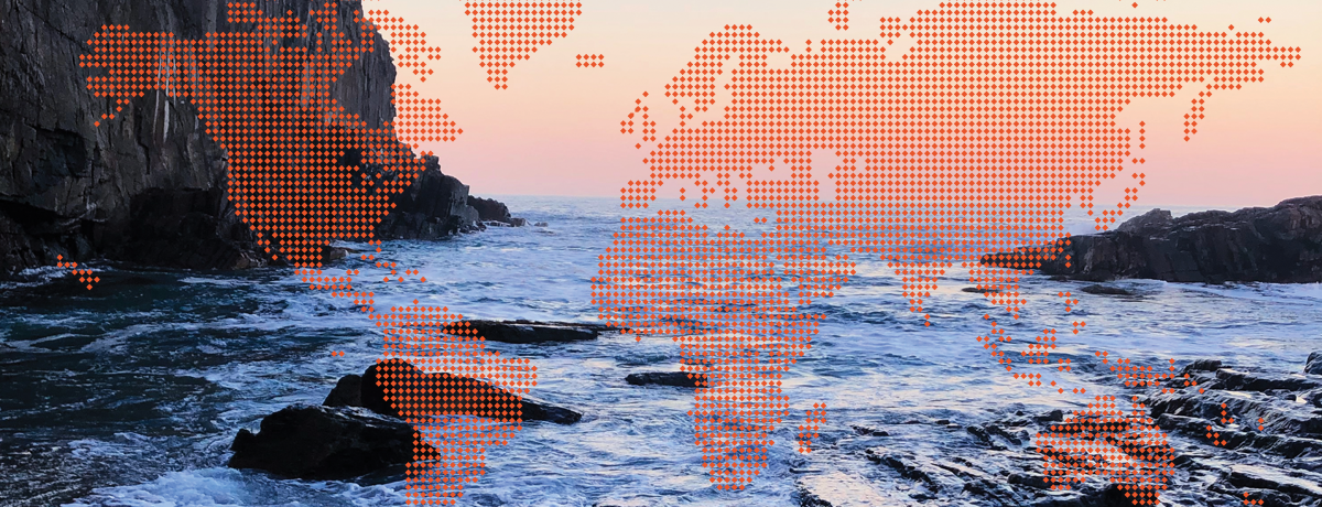 Background photo of sky, ocean, rocks, and cliffs of Bald Head Cliff, Maine, USA with a stylized world map overlaid
