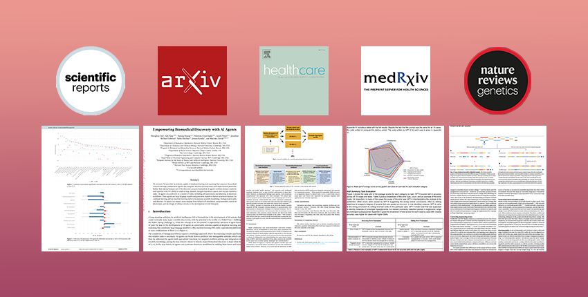 Journal logos and article first page images for five featured publications