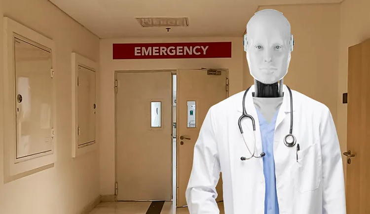 AI robot wearing a white doctor's coat in the hallway of a hospital emergency room