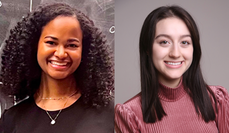 Left: Kyla Gabriel, standing in a black t-shirt and a bright necklace with her fingers interlaced, smiles in front of a chalkboard filled with equations. Right: Sofía Rojas smiles with arms crossed in a salmon-colored pleated turtleneck in front of a warm gray vignette background.