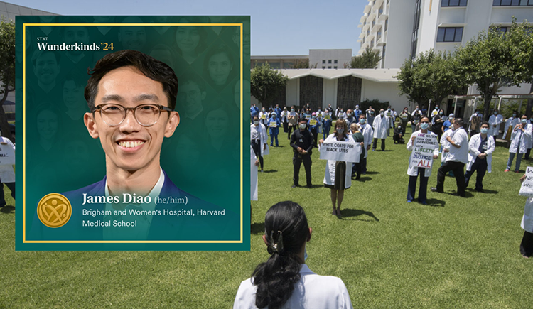 James Diao's STAT Wunderkind image inset on photo of health care workers participating in a “White Coats for Black Lives” event