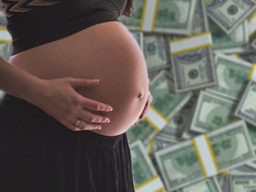 pregnant woman with stacks of $100 bills