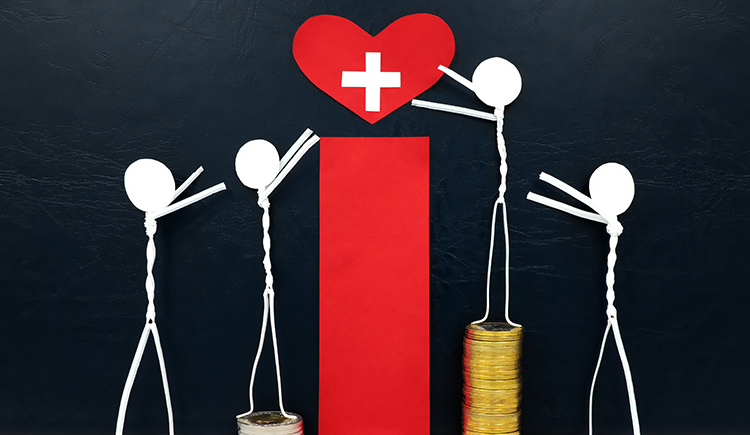 Stick figure reaching for a red heart shape with cross cutout while stepping on stack of coins